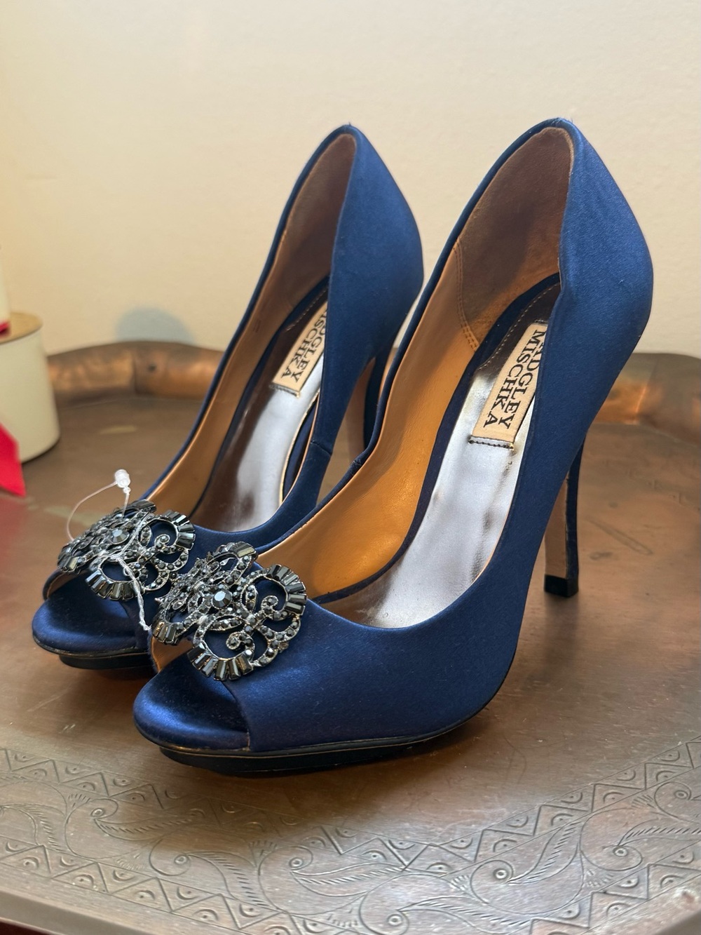Badgley Mischka Navy Satin Jeweled Peep-Toe Pumps